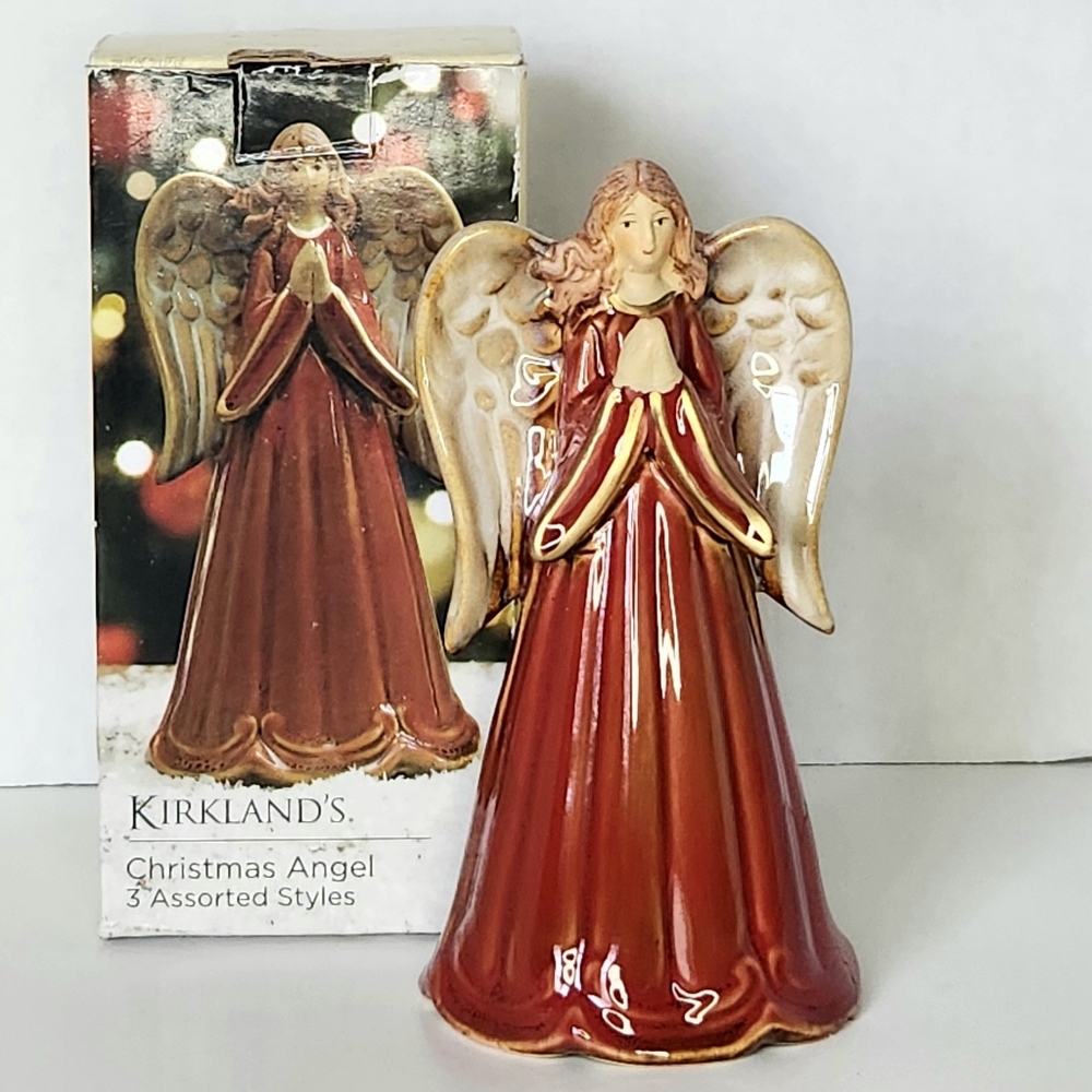 Kirklands Christmas Angel Glazed Ceramics Bell  With Box Red Dress Brown Hair